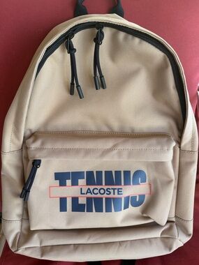 Lacoste Beige Backpack with Blue TENNIS Graphic
